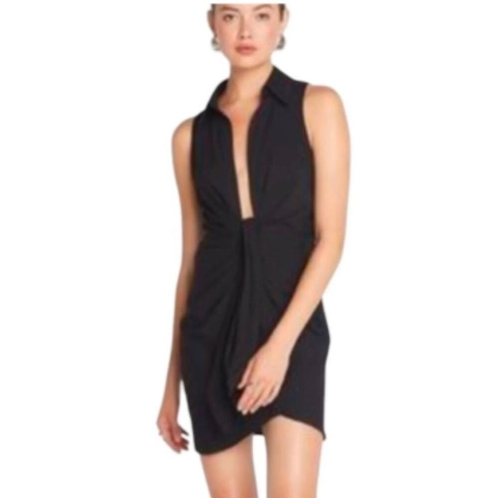 NWT Choosy Crosby Designer Plunging Shirt Mini Dress Button Tie Front Black 4